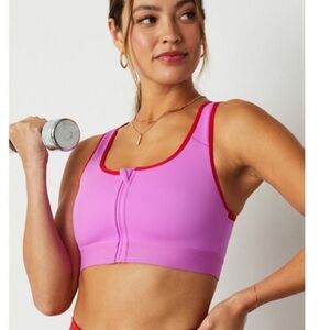 Fabletics Front Zip Pink Red High Impact Sports Bra Sz Large